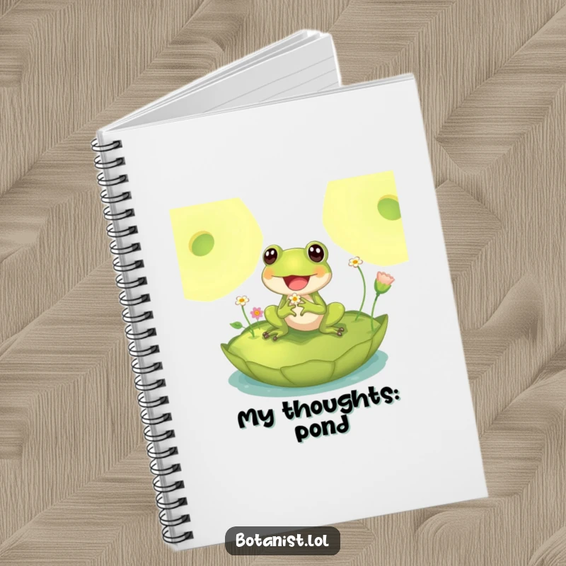 Funny notebook cover with a delighted frog on a lily pad inspecting tiny flowers, inspiring peaceful thoughts and creative writing.