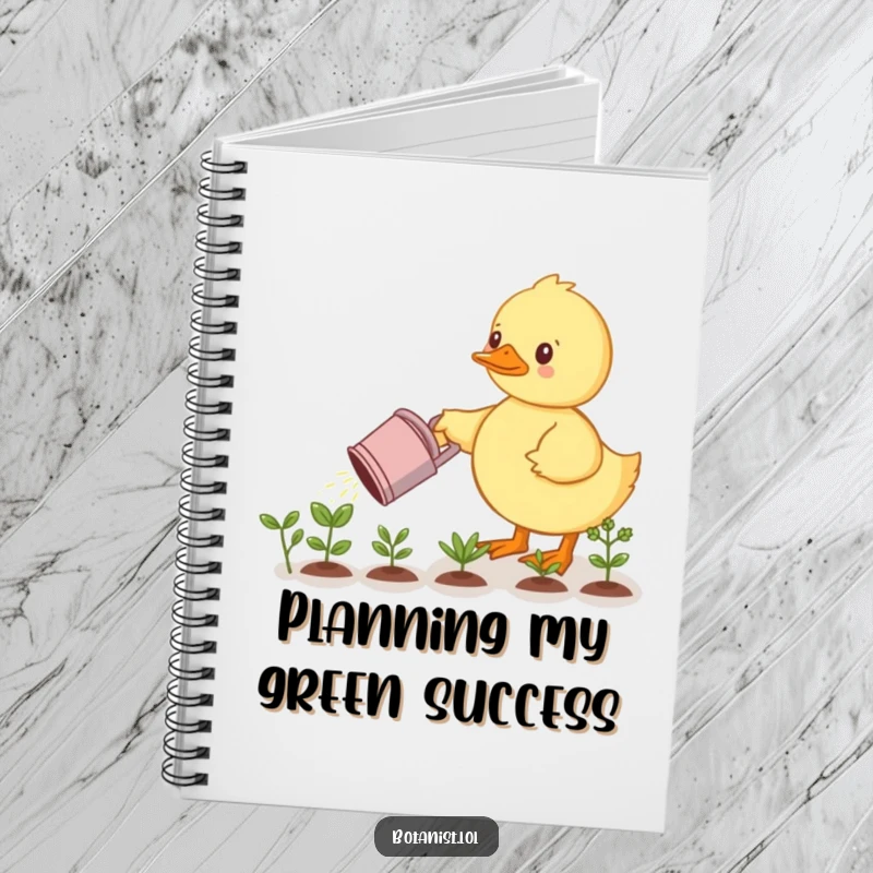 Funny notebook: Cover art shows a determined duckling watering a miniature plant row with a watering can. Ideal for gardening notes.