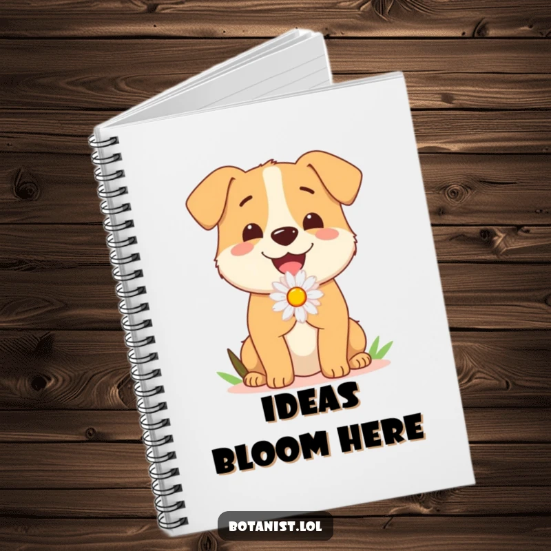 Funny Dog Notebook: A cheerful dog presents a perfect daisy, ready to document your thoughts with wagging enthusiasm and floral flair.