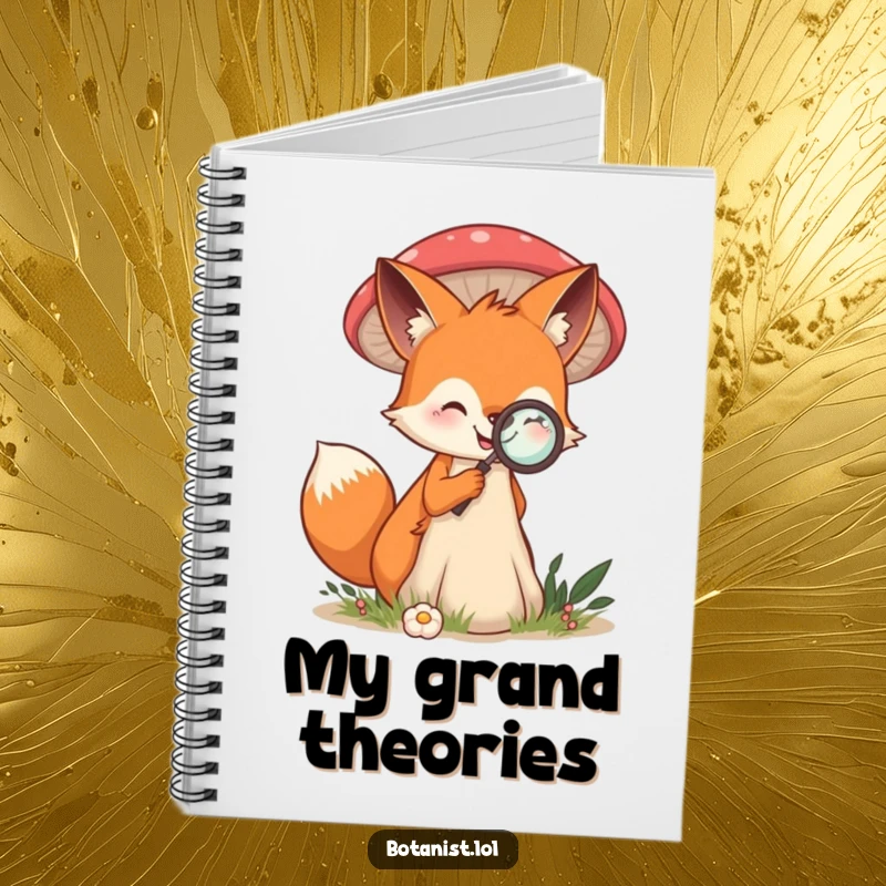 Funny notebook cover with a smiling fox examining a giant mushroom with a magnifying glass, inspiring detailed notes.