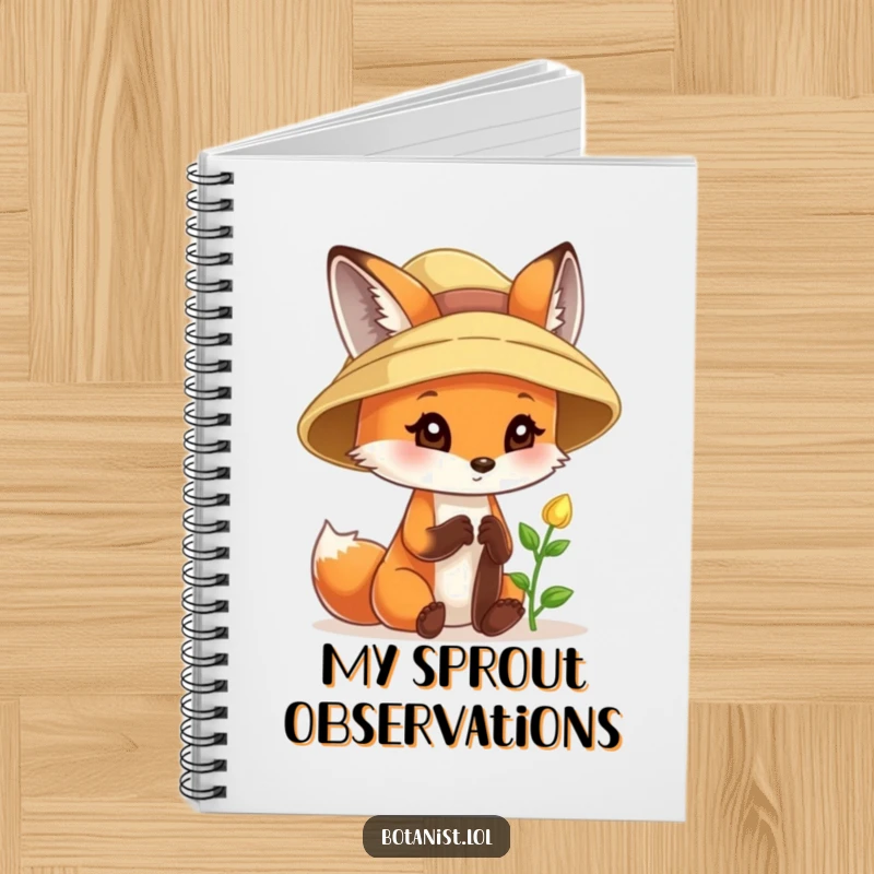 Funny fox notebook, wearing a sunhat, curiously examining a tiny sprout with delight for nature journaling.