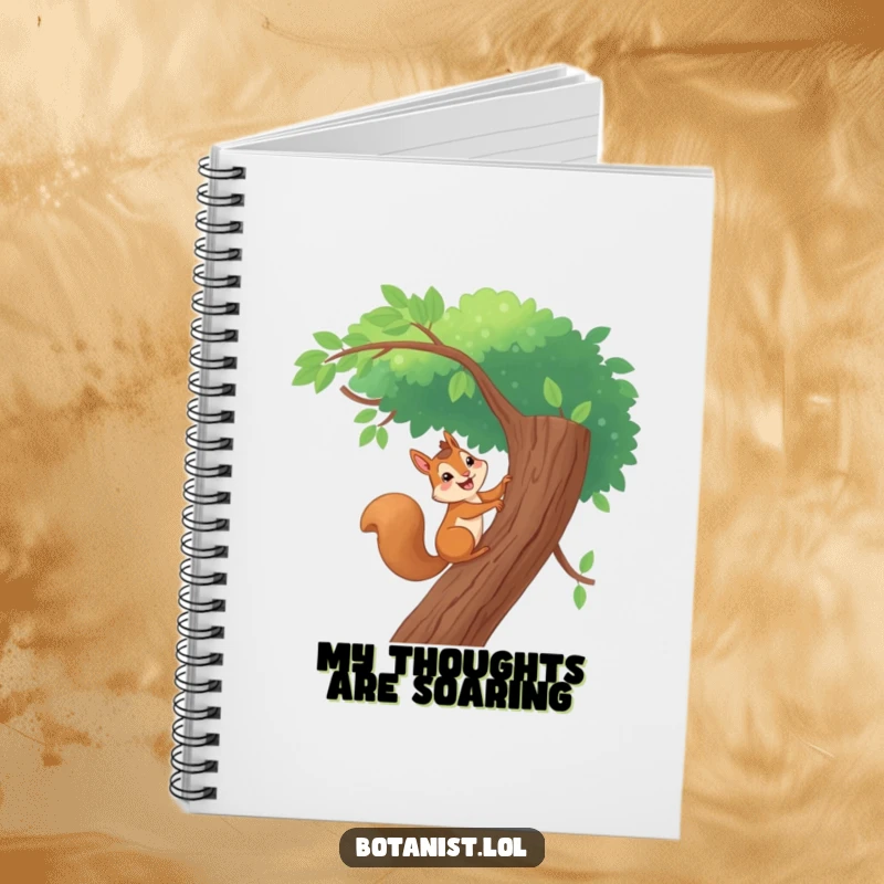 Funny notebook cover with a giggling squirrel climbing a tall, leafy tree, ideal for adventure notes, journaling, and sketching.
