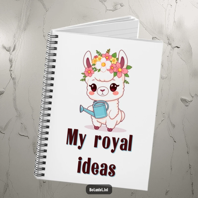 Funny Notebook: A proud llama wearing a flower crown holds a watering can, perfect for jotting down ideas.