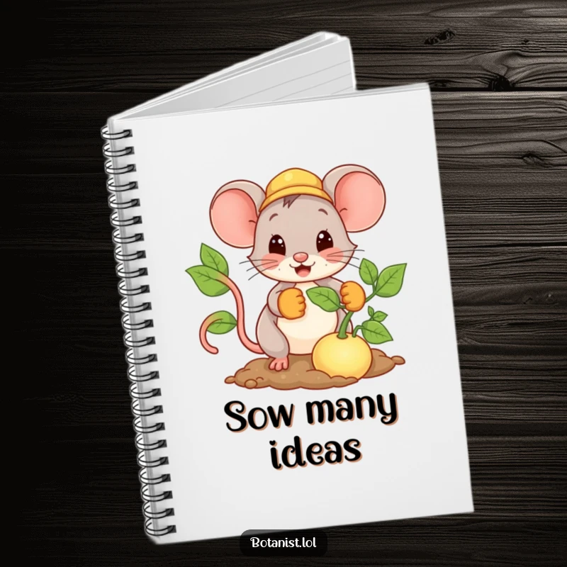 Funny Mouse Notebook cover illustration of a happy mouse in gardening gloves planting a giant seed, symbolizing potential and growth.