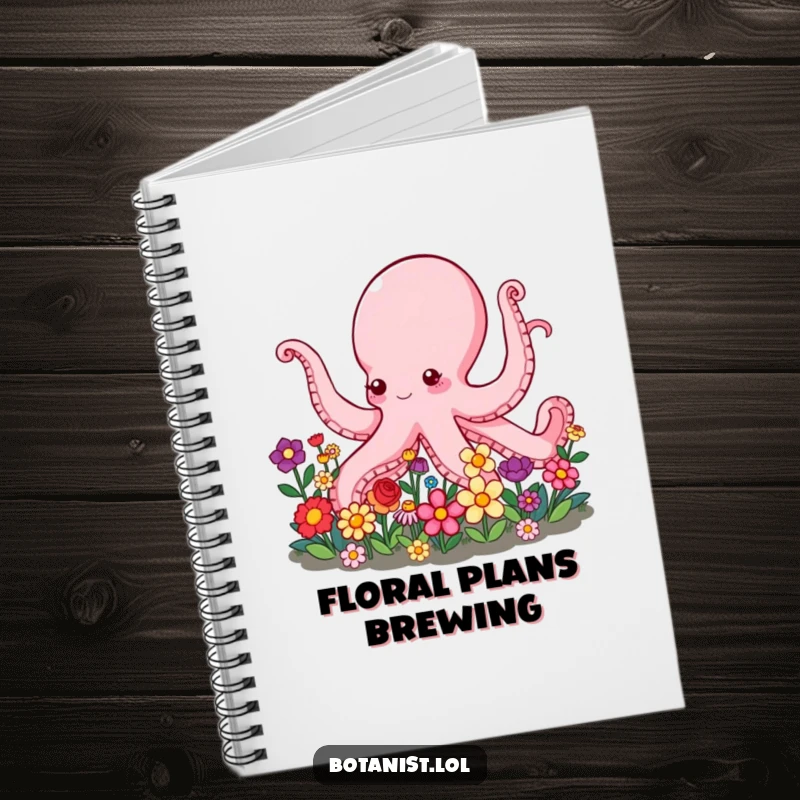 Funny Octopus Notebook cover featuring a cheerful octopus with multiple arms tending a vibrant garden filled with colorful, blooming flowers.