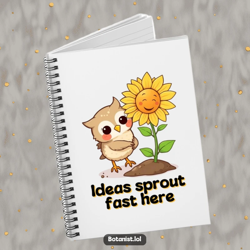 Funny Owl plants a seed that instantly sprouts a laughing sunflower, inspiring creativity in this fun notebook.