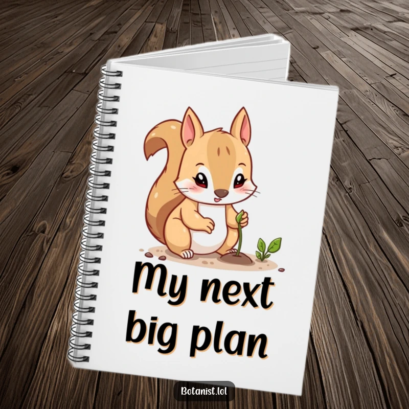 Funny notebook with a curious squirrel, determined to plant a tiny seed, offering ample space for planning and creative ideas.