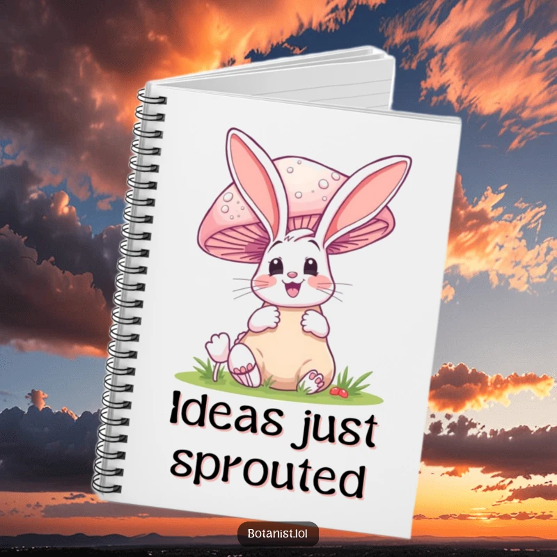 Funny notebook cover showing a happy bunny gasping at an incredibly large mushroom, great for writing.