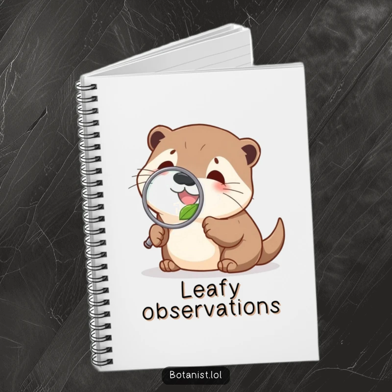 Funny delighted otter notebook, examining a leaf with a magnifying glass, offering space for curious notes and ideas.
