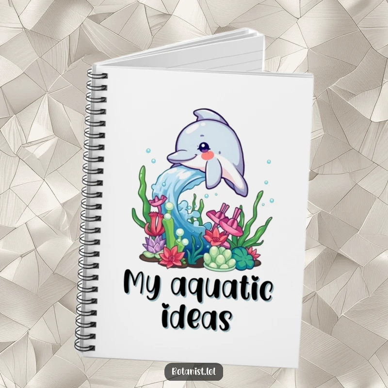 Funny Dolphin Notebook cover illustration of a playful dolphin splashing water onto a vibrant collection of aquatic plants underwater.