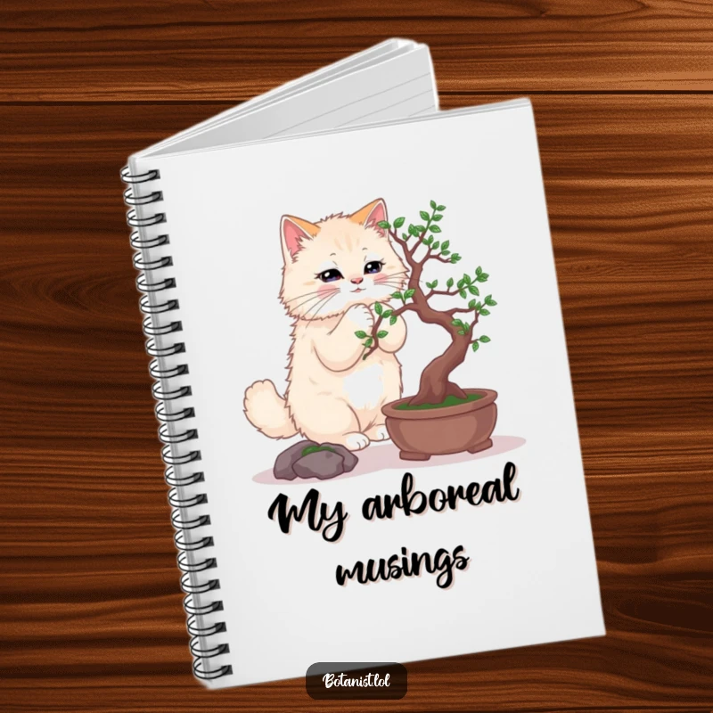 Funny notebook cover featuring a fluffy cat delicately pruning a bonsai tree, ideal for planning.