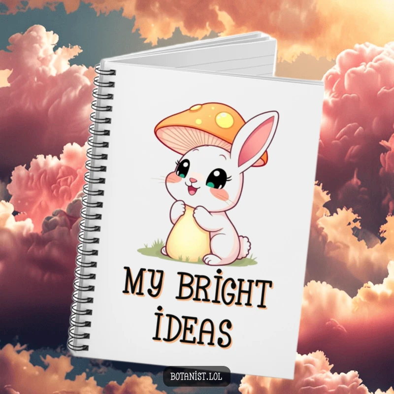 Funny happy rabbit with wide eyes, inspecting a towering, glowing mushroom, inspiring creativity in this funny notebook.
