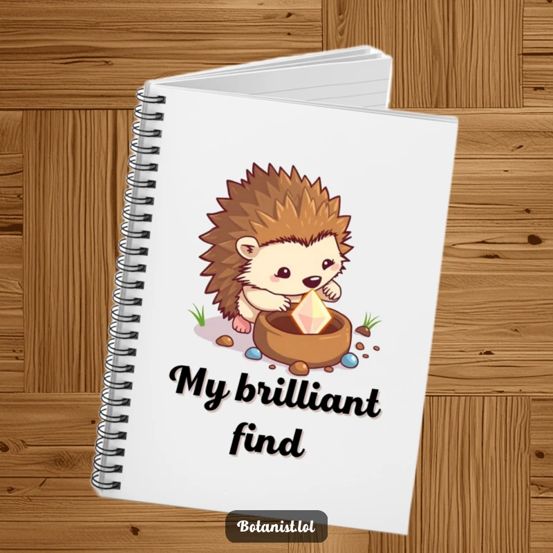 Funny hedgehog notebook cover with a determined hedgehog digging for a sparkling gem in a pot, ideal for jotting down ideas.