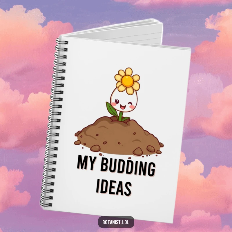 Funny notebook cover art of a delighted flower bud peeking from soil with a sunny and cheerful expression.