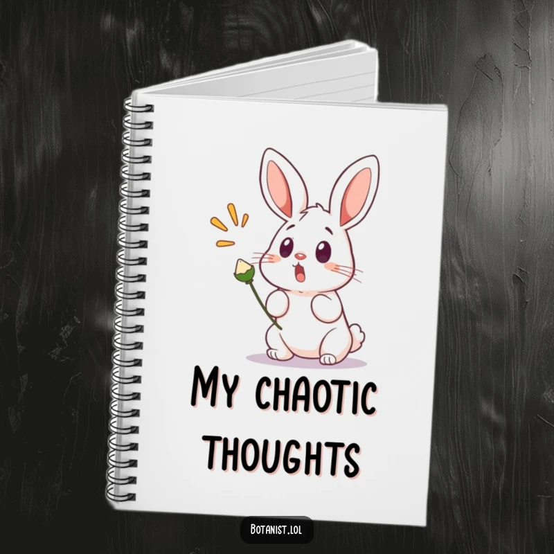 Funny notebook with a surprised bunny, startled by a popping seed pod, offering ample space for notes, ideas, and spontaneous thoughts.