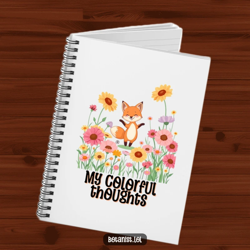 Funny notebook cover with a happy fox dancing playfully in a field of giant, colorful wildflowers.