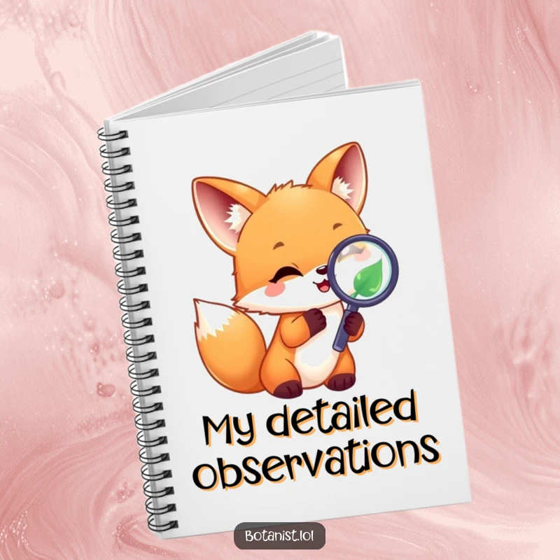 Funny joyful fox cub with a magnifying glass on a leaf, a humorous notebook for adventurers' notes. Great gift.