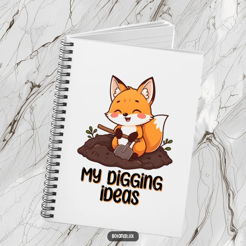 Funny fox gardener notebook, a joyful fox holding a trowel and digging in rich dark soil, for notes and garden inspiration.