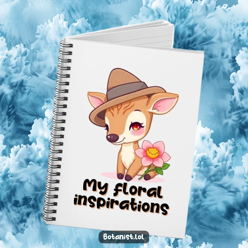 Funny deer wearing a hat, smelling a vibrant flower, displayed on this whimsical and inspiring notebook.