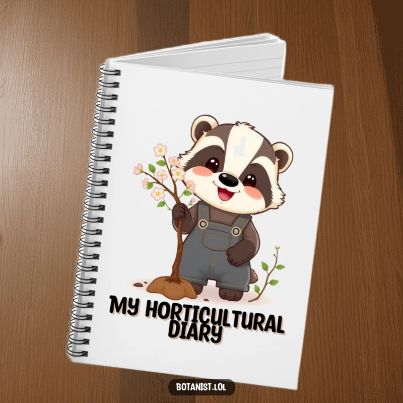 Funny Badger Notebook featuring a happy badger in overalls, humorously pruning a tiny tree, perfect for jotting down ideas and thoughts.