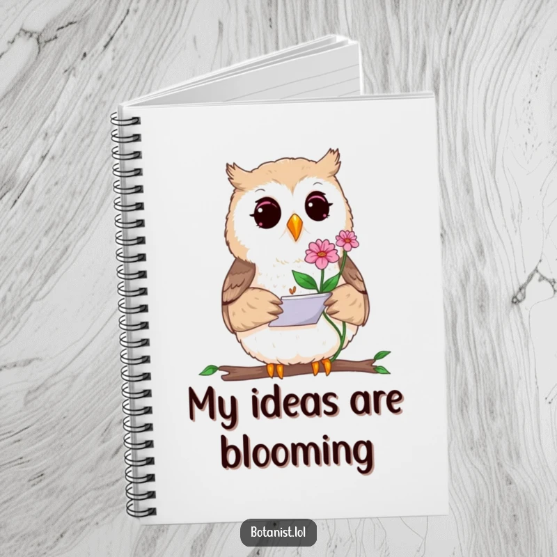 Funny notebook cover with a curious owl artist sketching a rare plant, inspiring creativity for notes, drawings, and journaling.