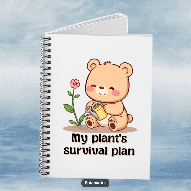 Funny notebook with a happy bear watering a plant, ideal for gardening notes with a humorous twist, a funny stationery gift.