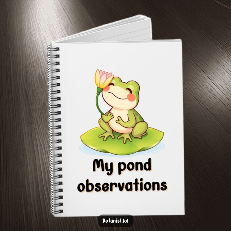 Funny notebook cover with a happy frog on a lily pad admiring a flower, ideal for note-taking.