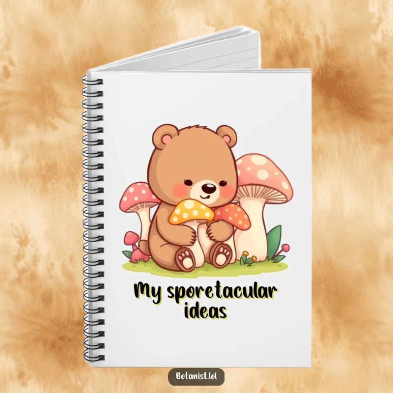 Funny bear cub mushroom notebook, showing a contented cub tending oversized mushrooms, perfect for notes and creative ideas.