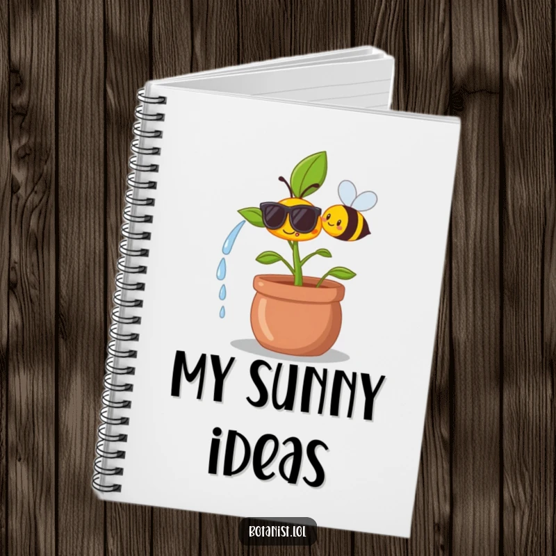Funny notebook cover art of a happy plant wearing tiny sunglasses while a smiling bee diligently waters it.