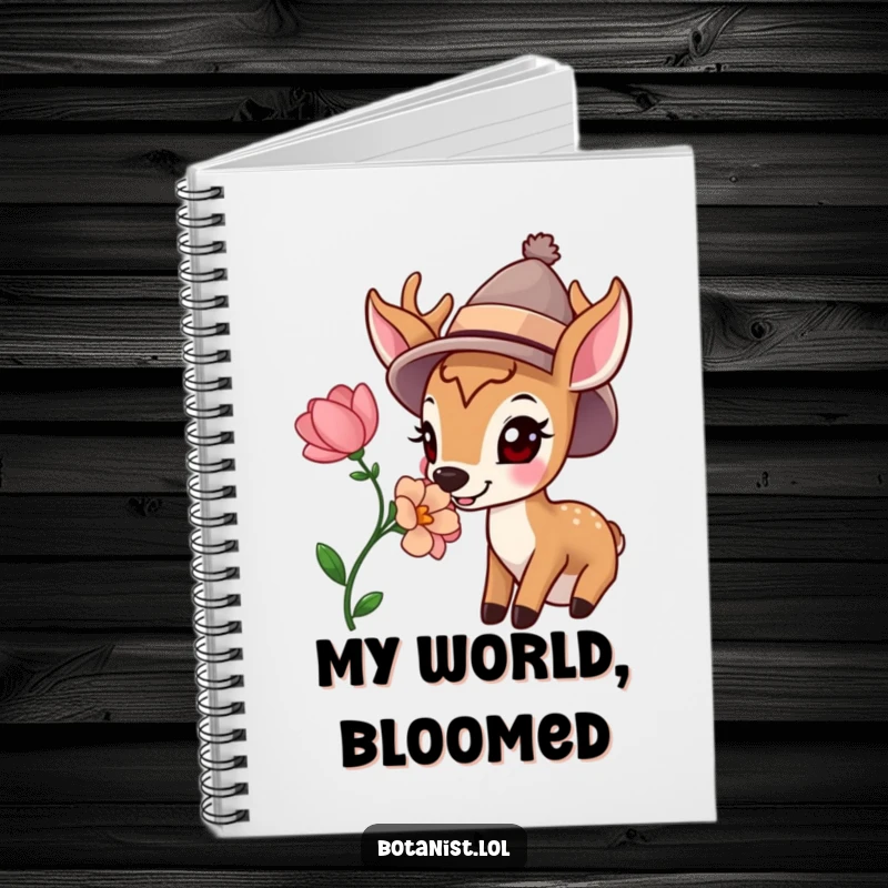 Funny notebook cover with a happy deer in a hat sniffing a vibrant bloom, inspiring joyful thoughts and creative writing.