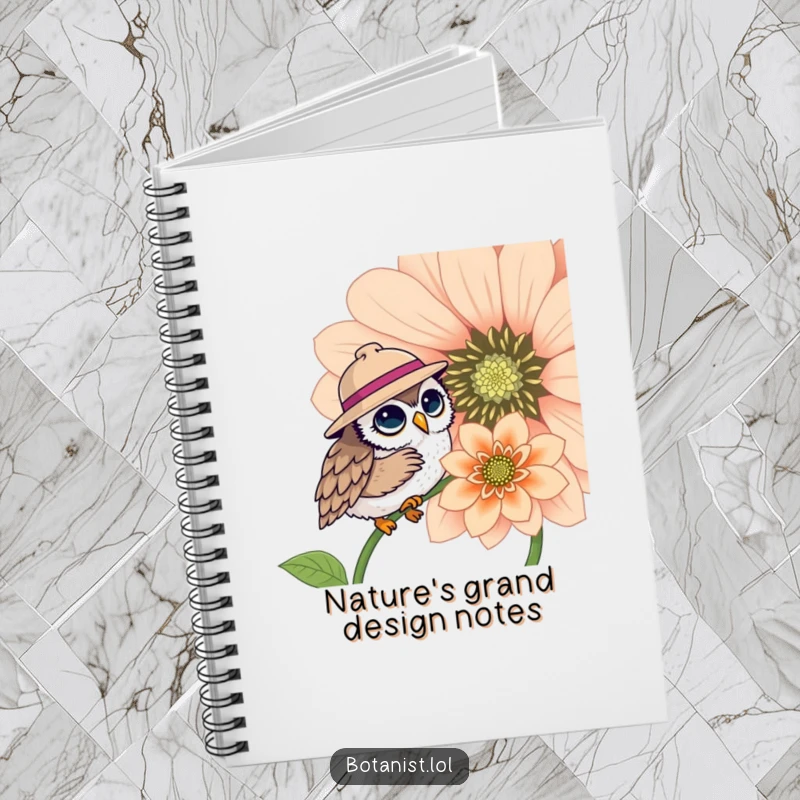 Funny notebook featuring a cute owl in a hat looking at a big flower, ideal for nature journaling, a funny stationery gift.