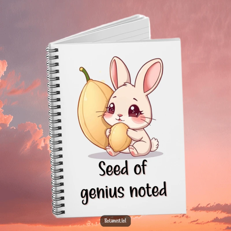 Funny notebook: Cover art shows a curious rabbit studying a giant, sparkling seed with eager anticipation. A tool for funny thoughts.
