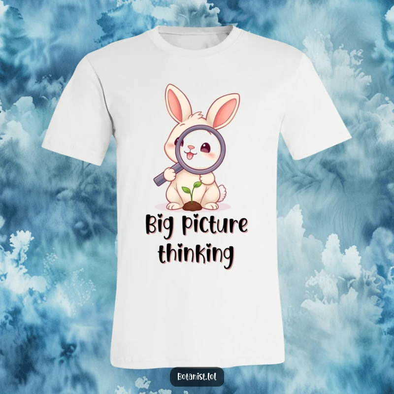 Funny rabbit t-shirt depicting a smiling rabbit intently examining a tiny sprout with a large magnifying glass, celebrating curiosity and humor.