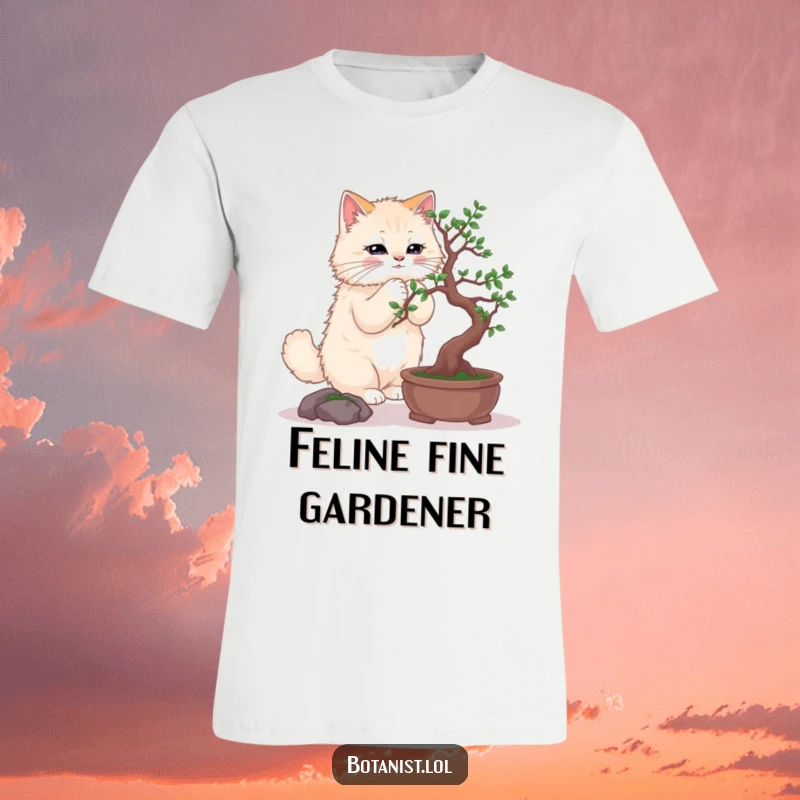 Funny t-shirt showing a fluffy cat delicately snipping branches of a small bonsai tree, embodying focus.