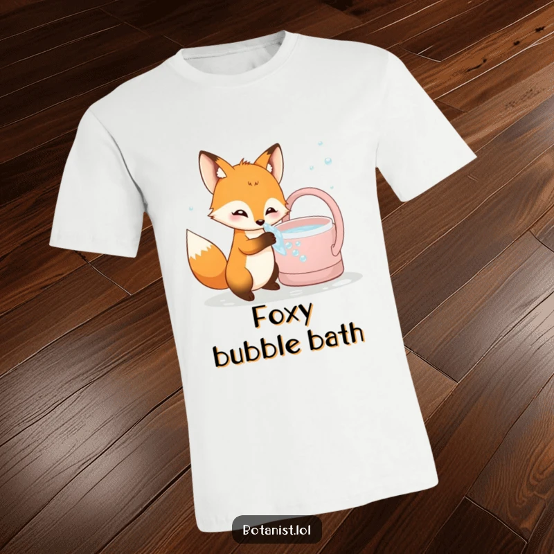 Funny curious fox t-shirt, dipping its paw into giant watering can bubbles, showcasing playful exploration.