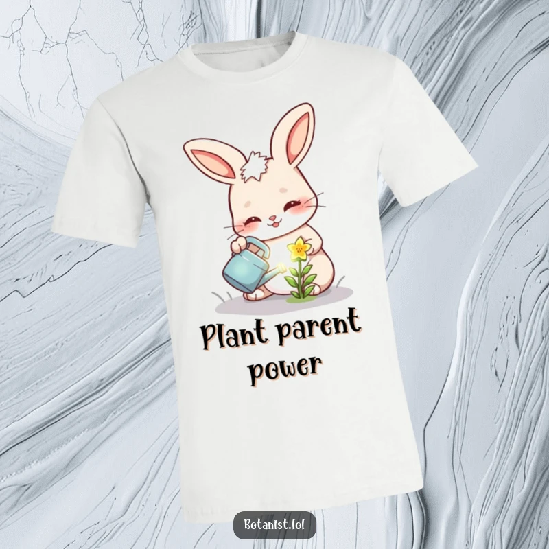 Funny t-shirt with a cheerful bunny looking determined as it waters a small, luminescent flower.