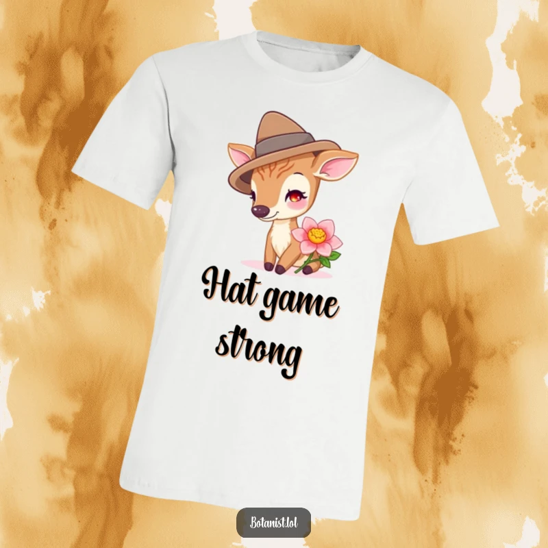 A happy deer adorned with a hat, curiously sniffing a vibrant flower, depicted on this funny and lighthearted t-shirt.