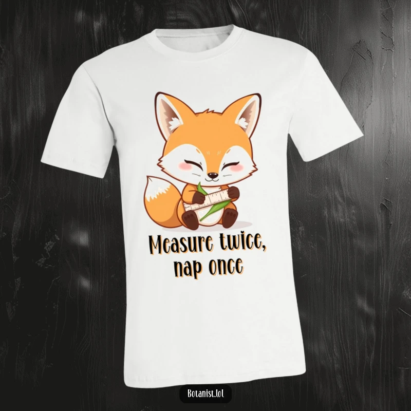 Funny determined fox t-shirt, precisely measuring a leaf with a miniature ruler, showing intense focus.