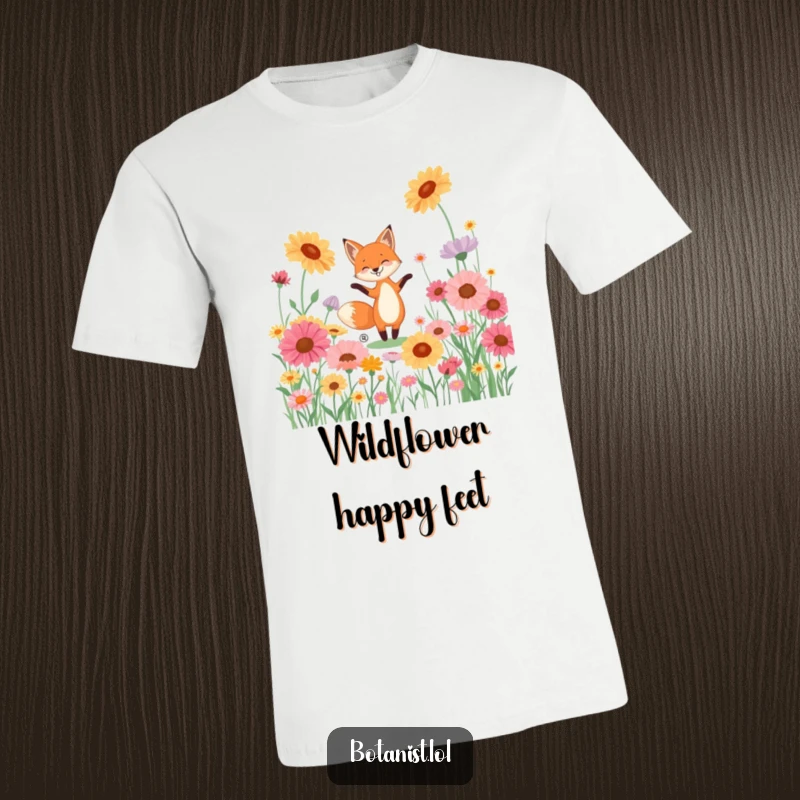 Funny t-shirt depicting a cheerful fox playfully dancing amidst a field of huge, brightly colored wildflowers.