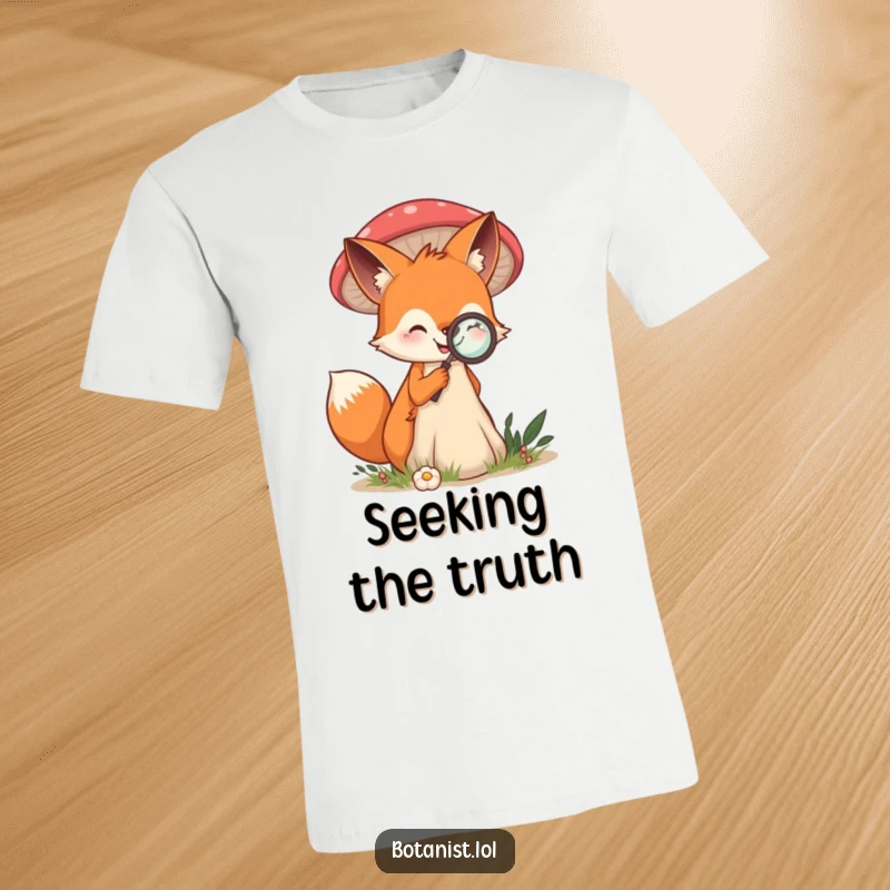 Funny t-shirt with a smiling fox using a magnifying glass to closely inspect a remarkably large mushroom.