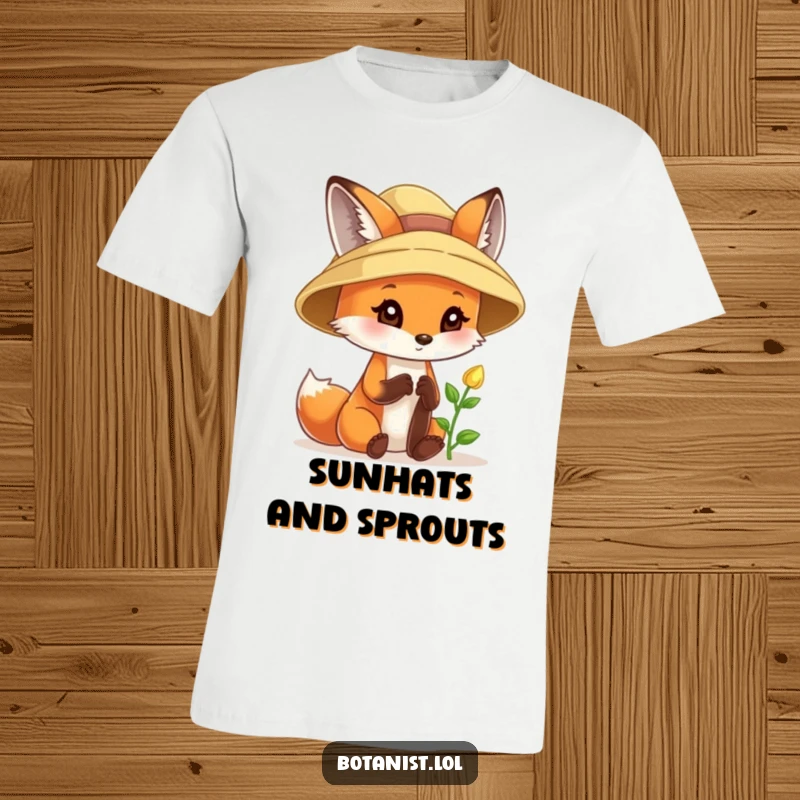Funny fox t-shirt, depicted wearing a sunhat, curiously examining a tiny sprout with pure delight and fascination.