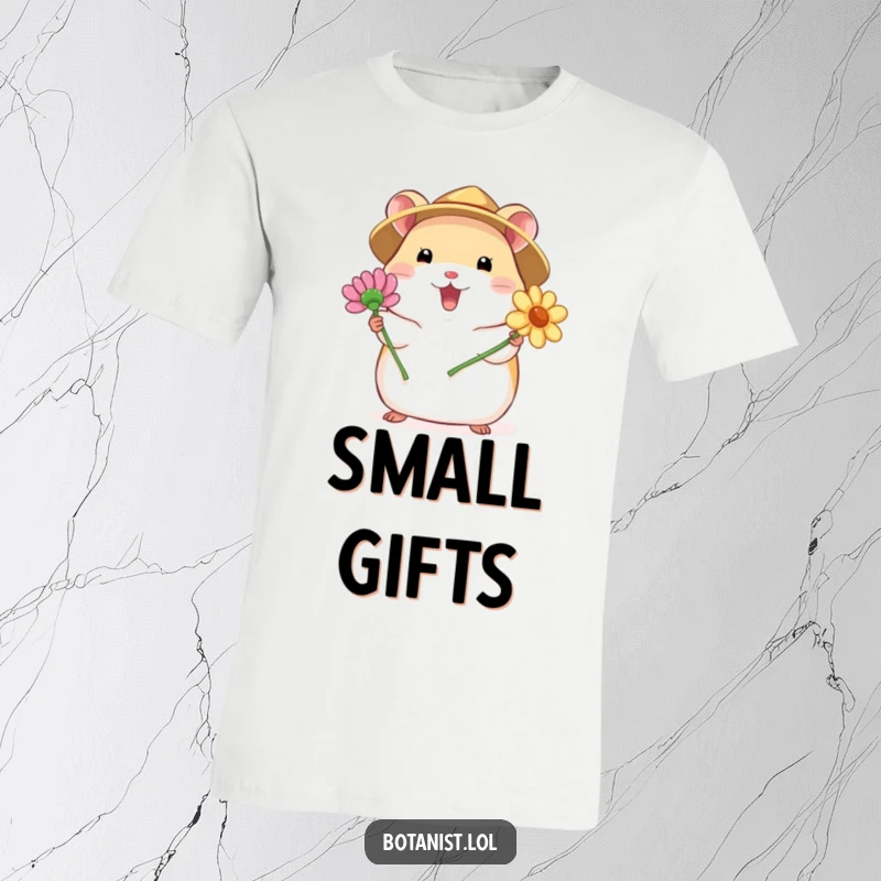 Funny t-shirt featuring a chubby hamster in a straw hat, excitedly presenting a blooming flower, symbolizing joy and natural beauty.