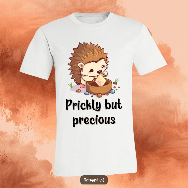 Funny hedgehog t-shirt featuring a determined hedgehog unearthing a sparkling gem from a pot, celebrating perseverance and success.