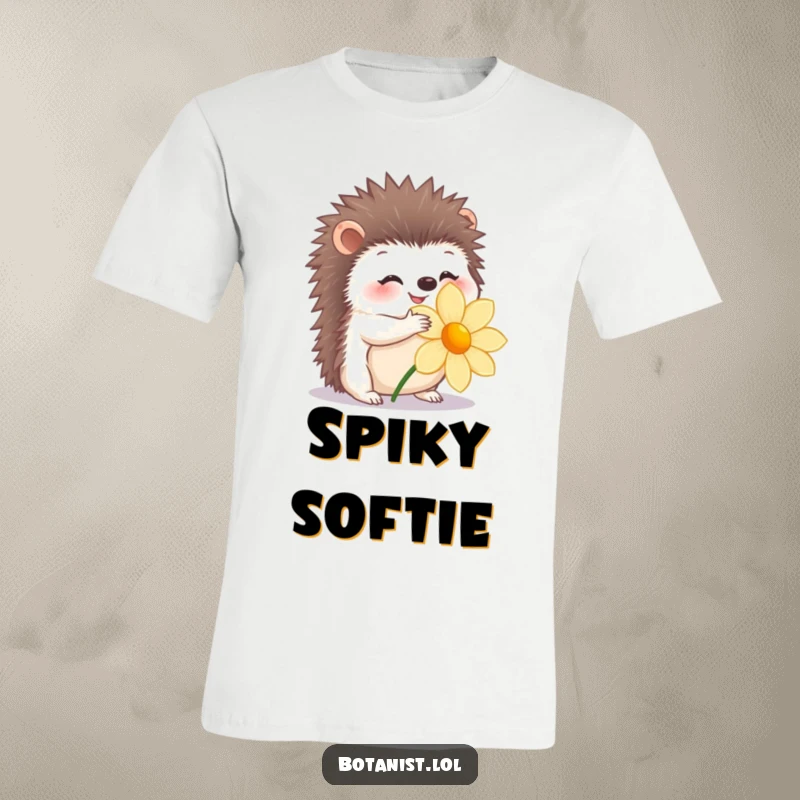 Funny T-Shirt depicting a happy hedgehog giving a flower a gentle hug, cute and kind.