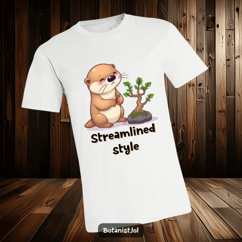 Funny otter bonsai t-shirt, featuring a diligent otter carefully pruning a small bonsai tree, perfect for meticulous individuals.
