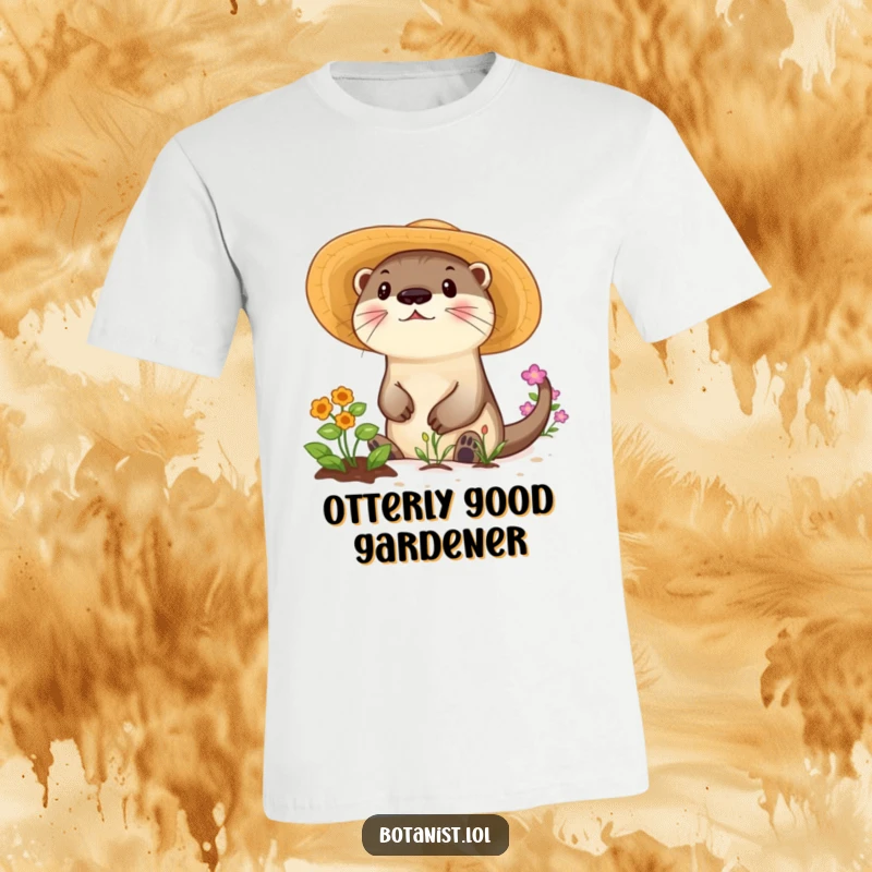Funny t-shirt depicting a playful otter wearing a sunhat while tending a flourishing garden, full of life.