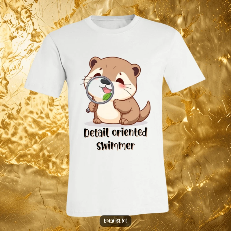Funny delighted otter t-shirt, peering through a magnifying glass at a small leaf, showcasing investigative humor.