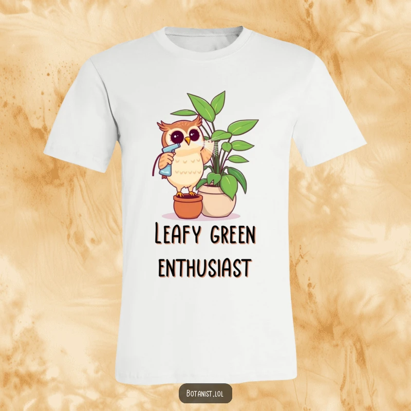 Funny curious owl misting a huge potted plant with a spray bottle, showing a funny plant care moment. A great gift.