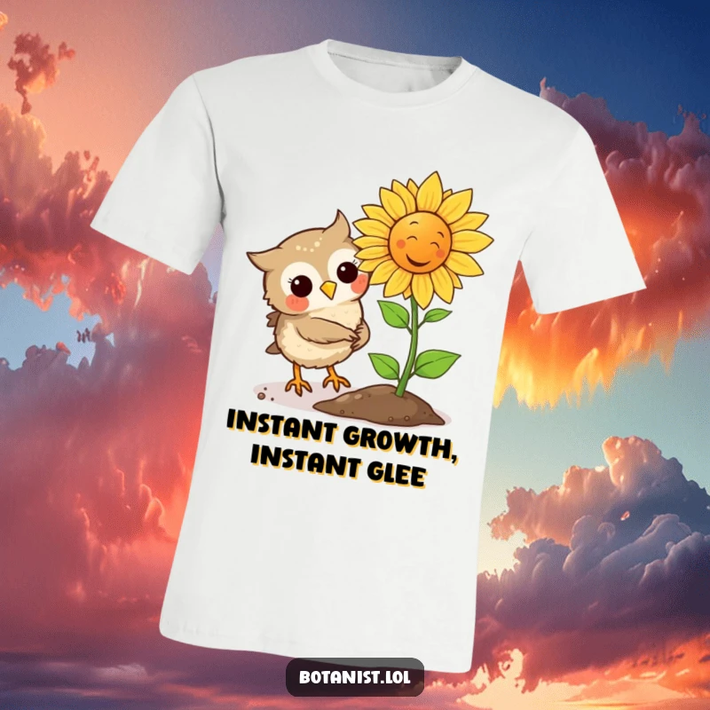 Funny Owl plants a magical seed, instantly sprouting a giggling sunflower on this hilarious and nature-themed t-shirt.