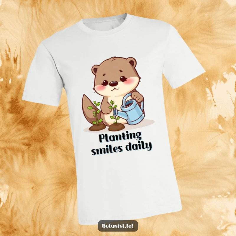 Funny t-shirt graphic of a playful otter meticulously watering a tiny, smiling seedling with a miniature watering can, embodying nurturing care.